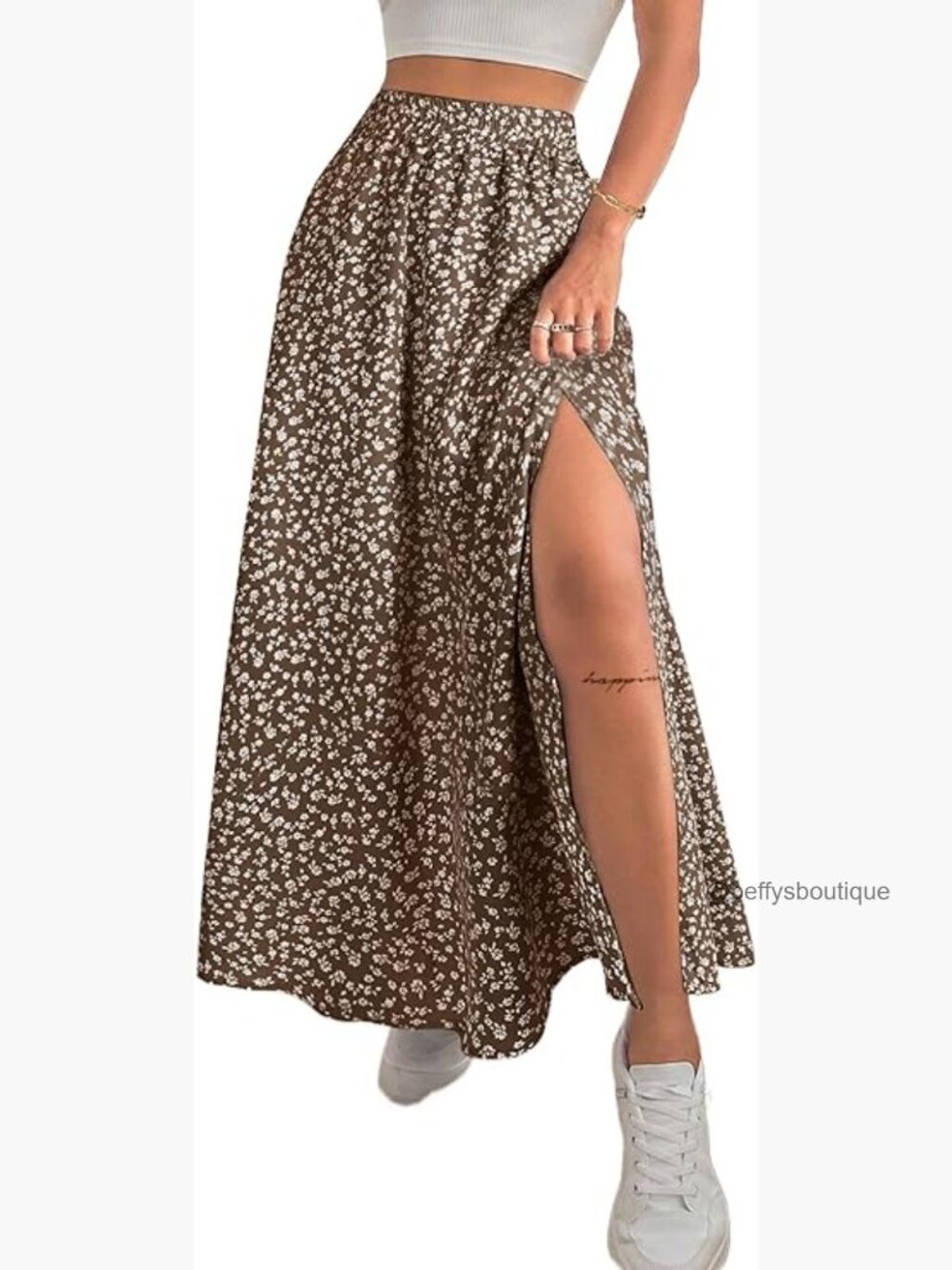 Boho Floral Maxi Skirt with Side Slit High Waisted Lightweight Polyester